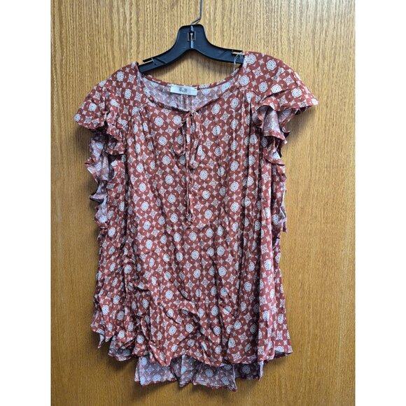 Rust-Red Floral Ruffle Sleeve Rayon Top With Tie Neck Small - Picture 3 of 5